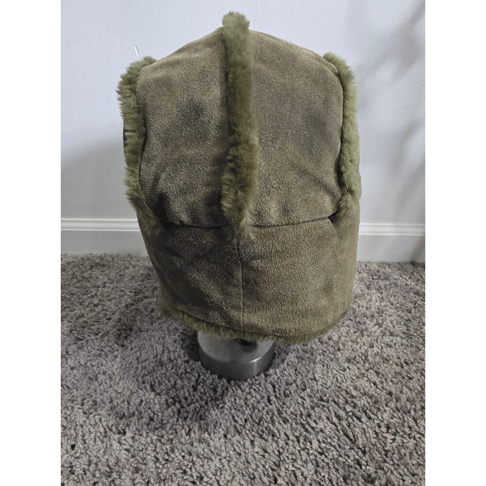 Vintage Gap Distressed Sherpa Fleece Lined Suede Leather Trapper Hat Green S/M - Picture 4 of 8